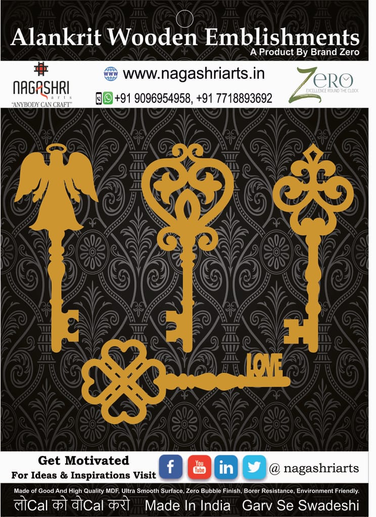 Brand Zero MDF Embellishment Vintage Keys Combo of 4 Pcs - 4 Inches Height & 2.5mm Thickness