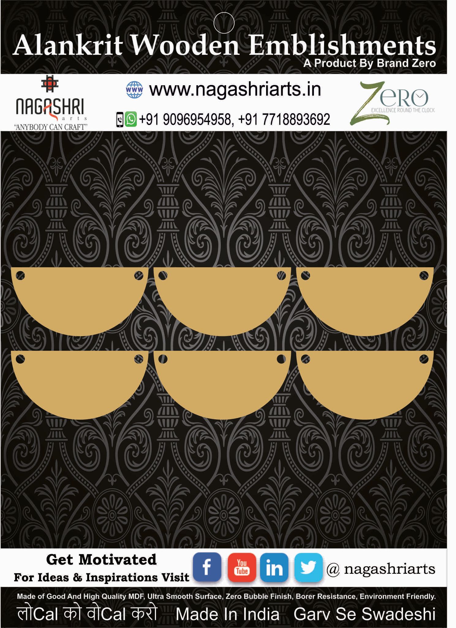 Brand Zero MDF Half Circle Fridge Magnet / Pendant / Tag Base - Pack of 6 Pcs