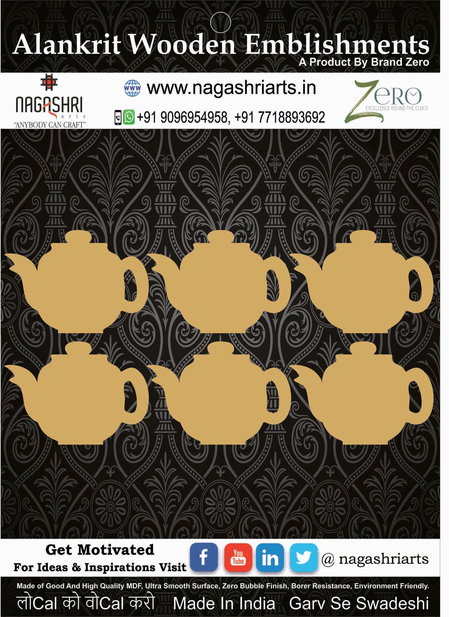 Brand Zero MDF Teapot Coasters - Pack of  6 pcs