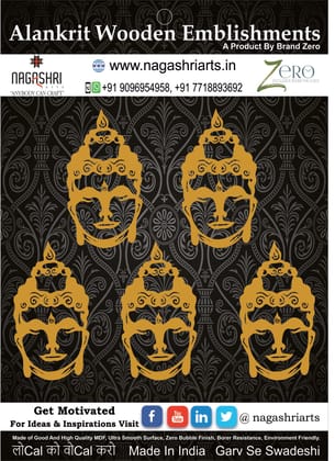 Brand Zero MDF Emblishment Buddha Face Design 1 - Combo of 5 Pcs - 4.0 By 2.2 Inches in 2.5mm Thickness