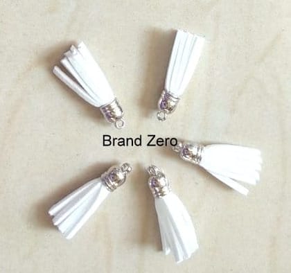 Brand Zero Leather Faux Suede Tassels -  White Color With Silver Cap - Pack of 5