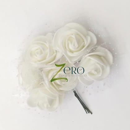 Bunch of 6 Pcs Hand Made Foam Flower Big - White Color