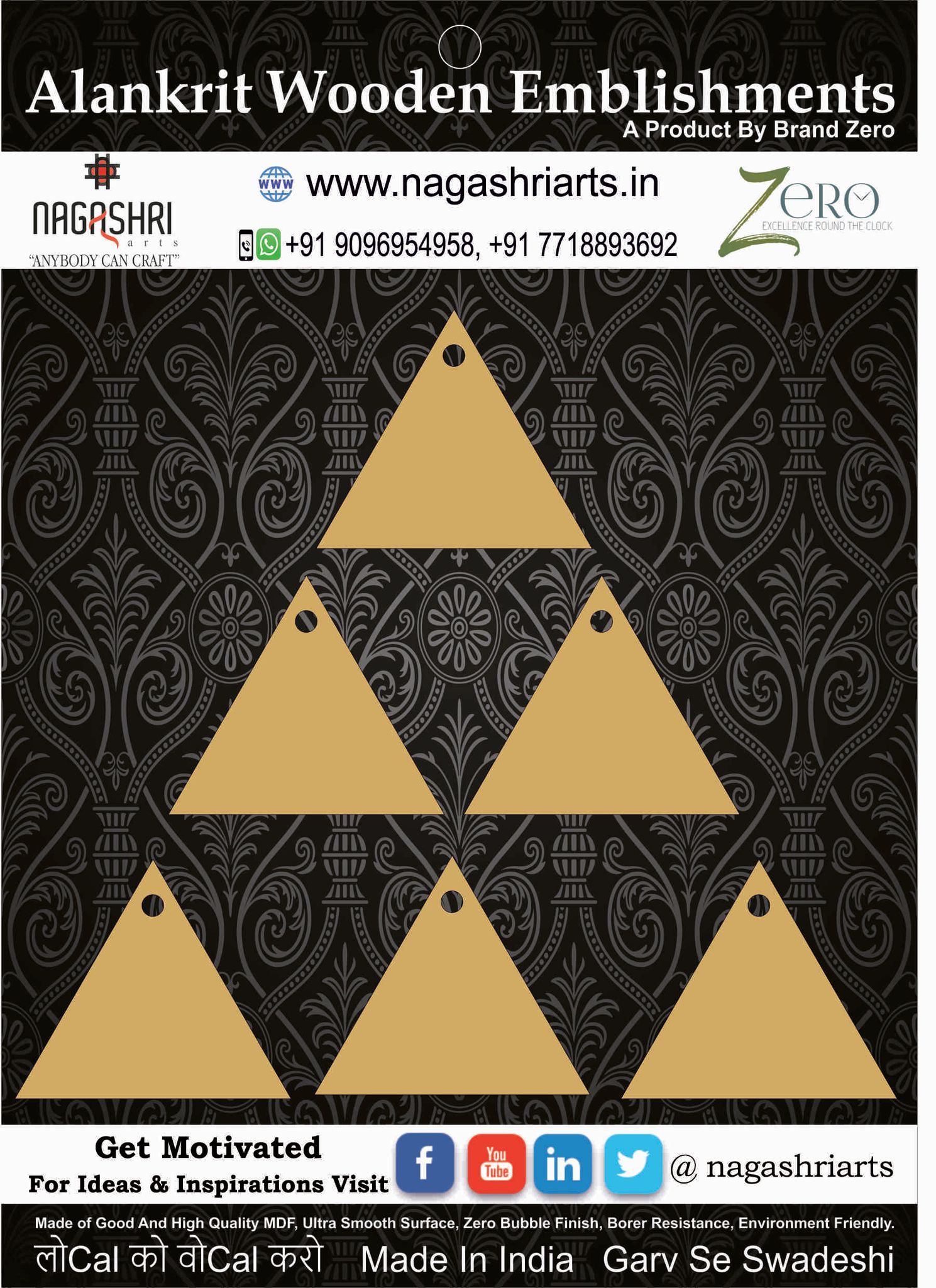 Brand Zero MDF Tringle Fridge Magnet / Pendant / Tag Base - Pack of 6 Pcs