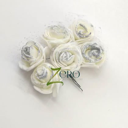Bunch of 6 Pcs Hand Made Foam Flower Big With Glitter- White Color