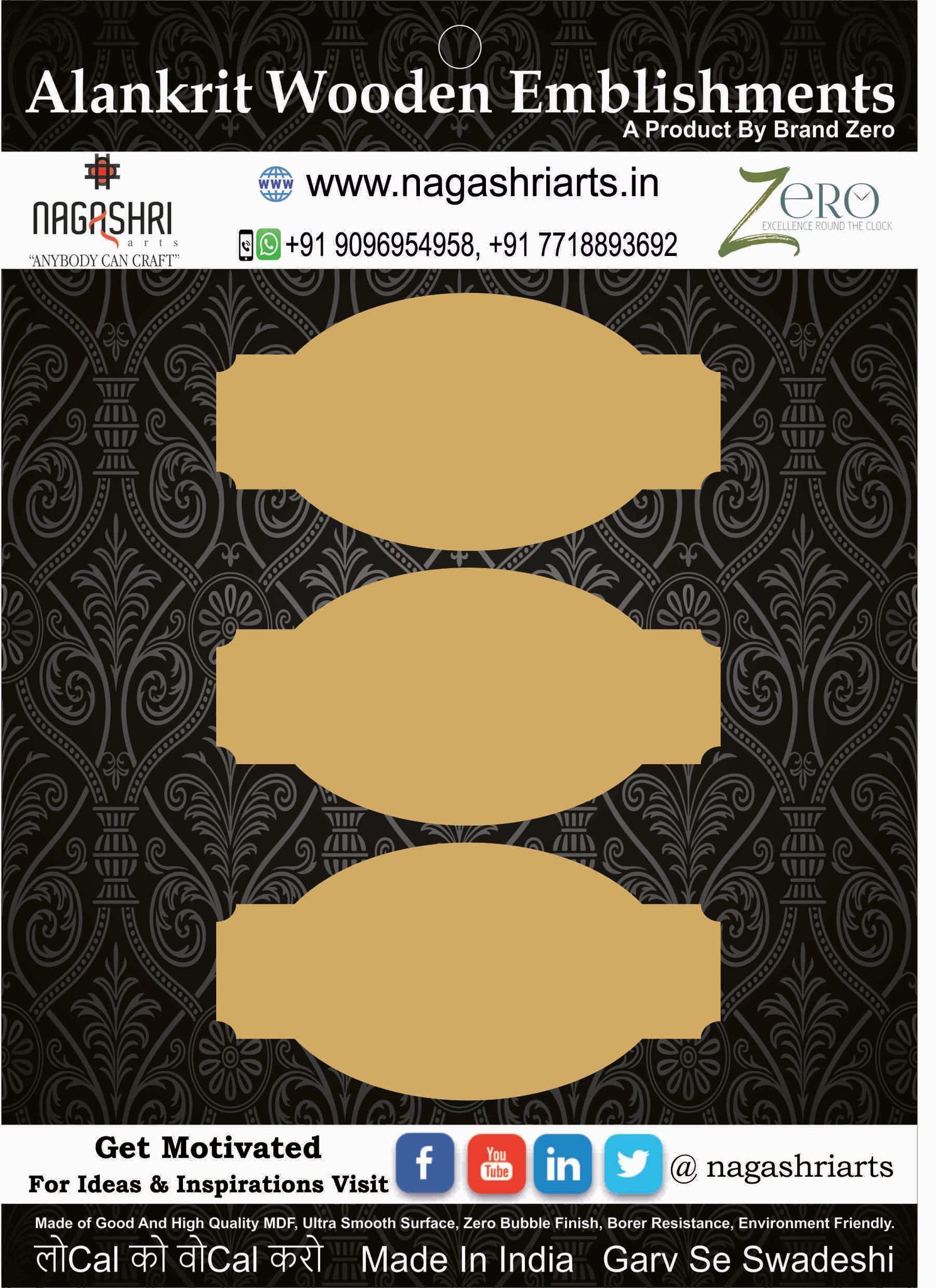Brand Zero MDF Oval Designer Name Plate Without Hole - Pack of 3 Pcs