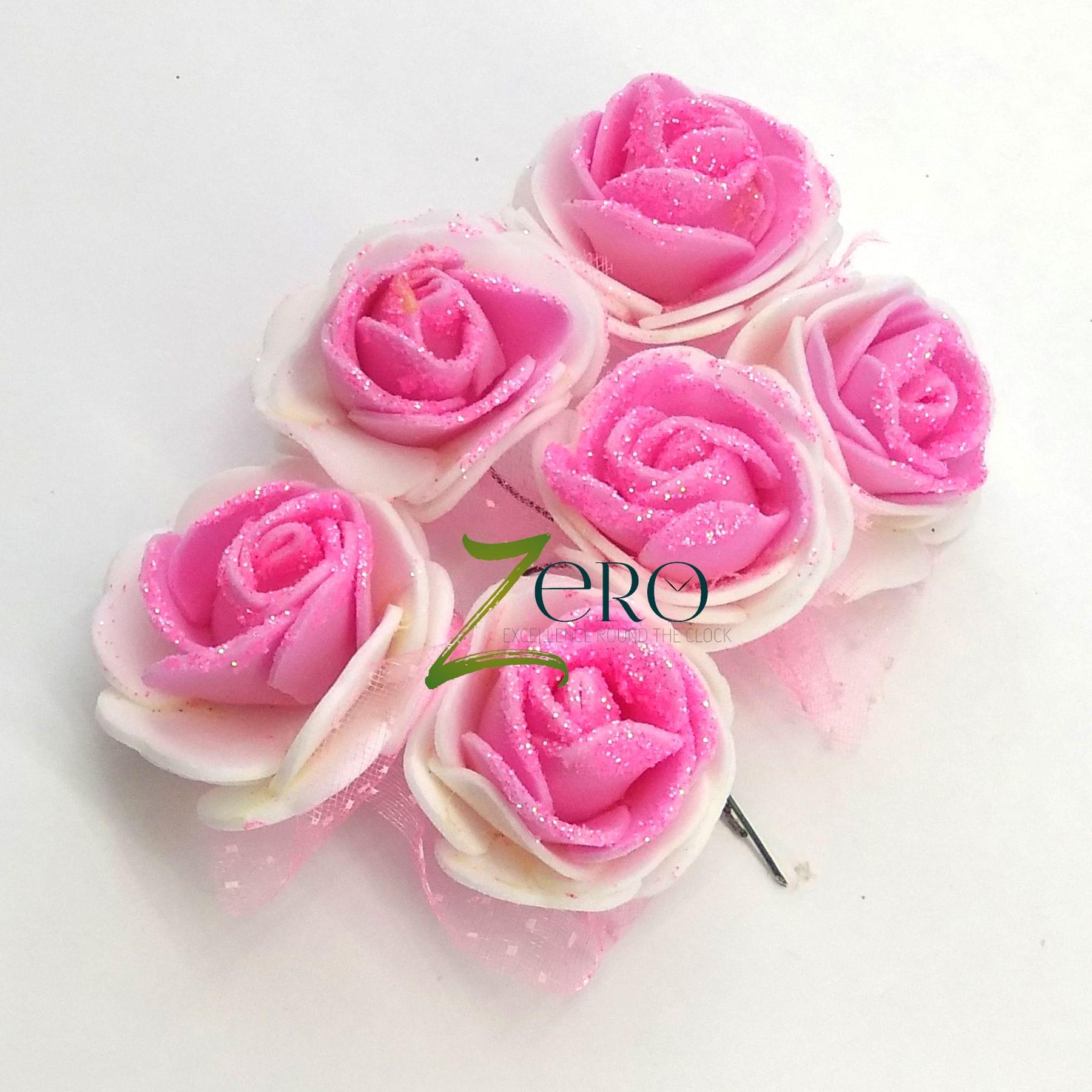 Bunch of 6 Pcs Hand Made Foam Flower Big With Glitter- Light Pink Color
