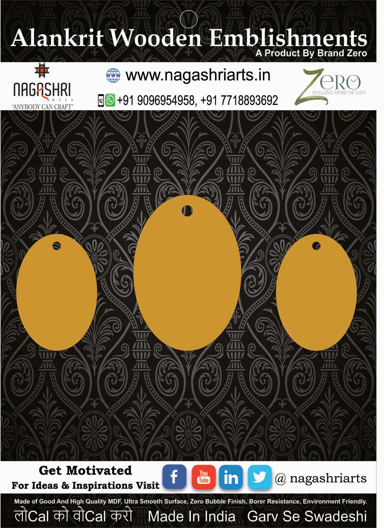 Brand Zero MDF Oval Shape Pendant And Earrings Jewelry Base - Pack of 3 Pcs