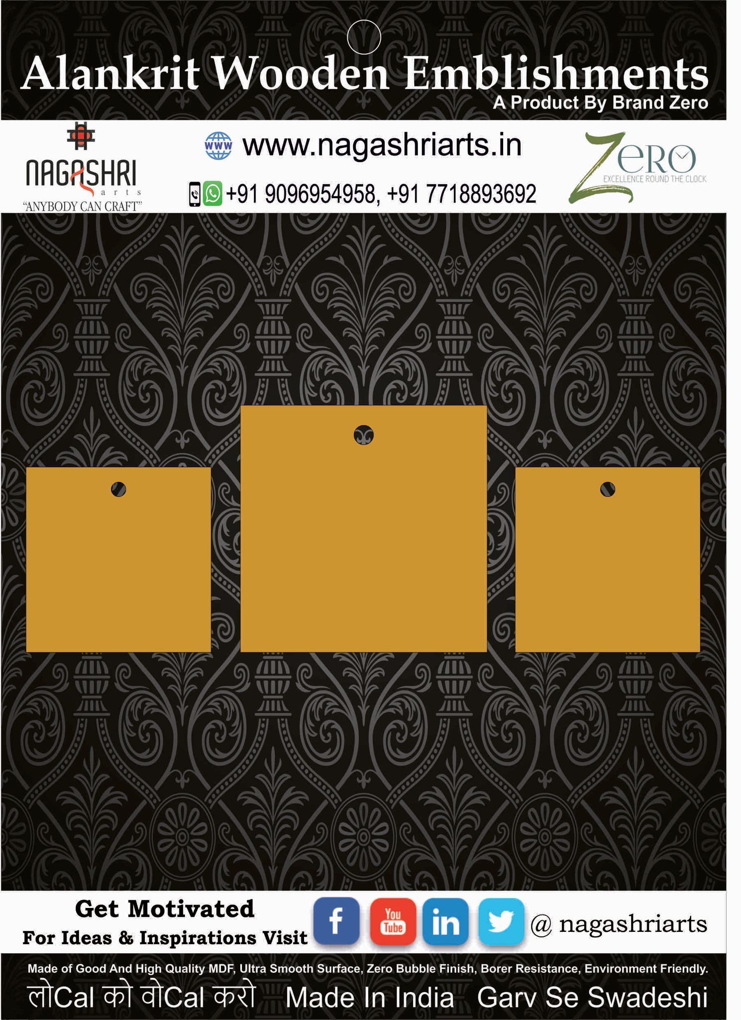 Brand Zero MDF Square Shape Pendant And Earrings Jewelry Base - Pack of 3 Pcs