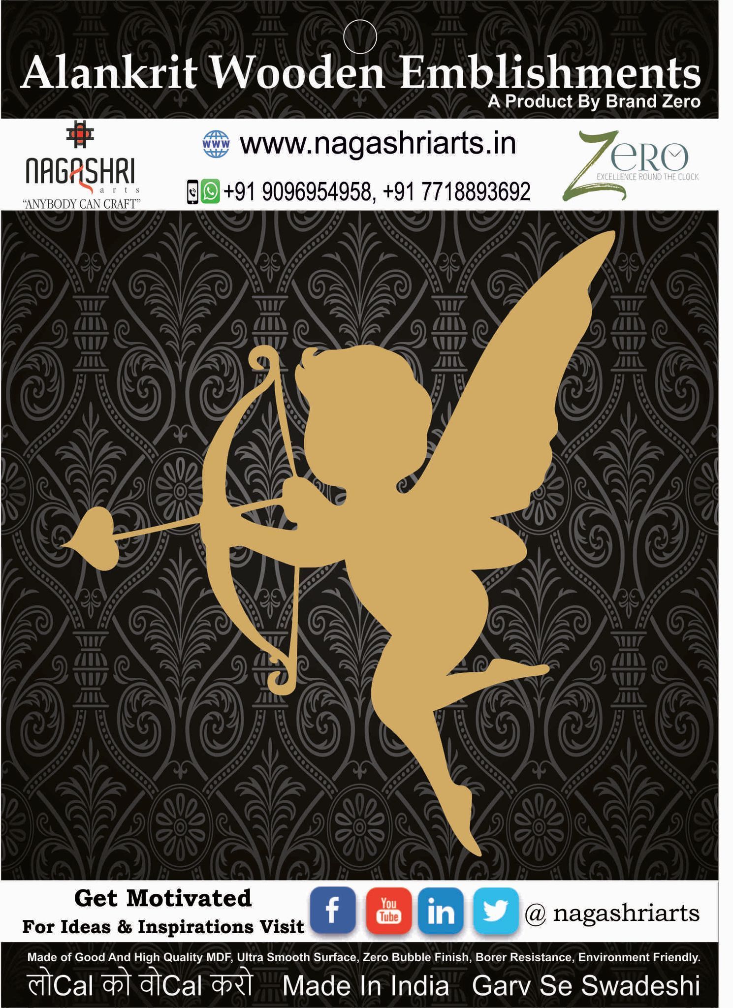 Brand Zero MDF Emblishment Angel Design 7 - Size: 2.0 Inches by 1.8 Inches And 2.5 mm Thick