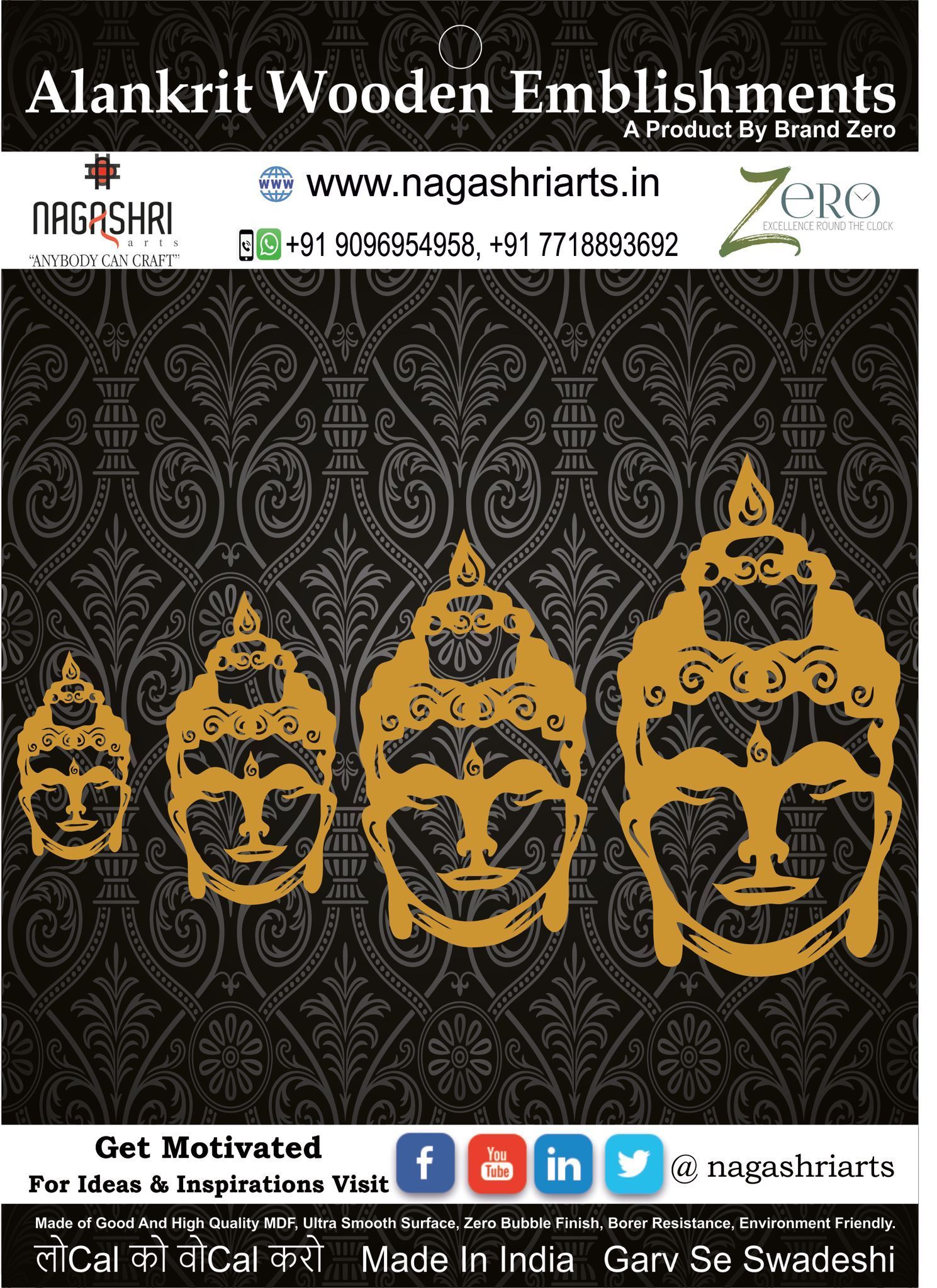 Brand Zero MDF Emblishment Buddha Face Design 1 - Combo of 4 Different Sizes in 2.5mm Thickness