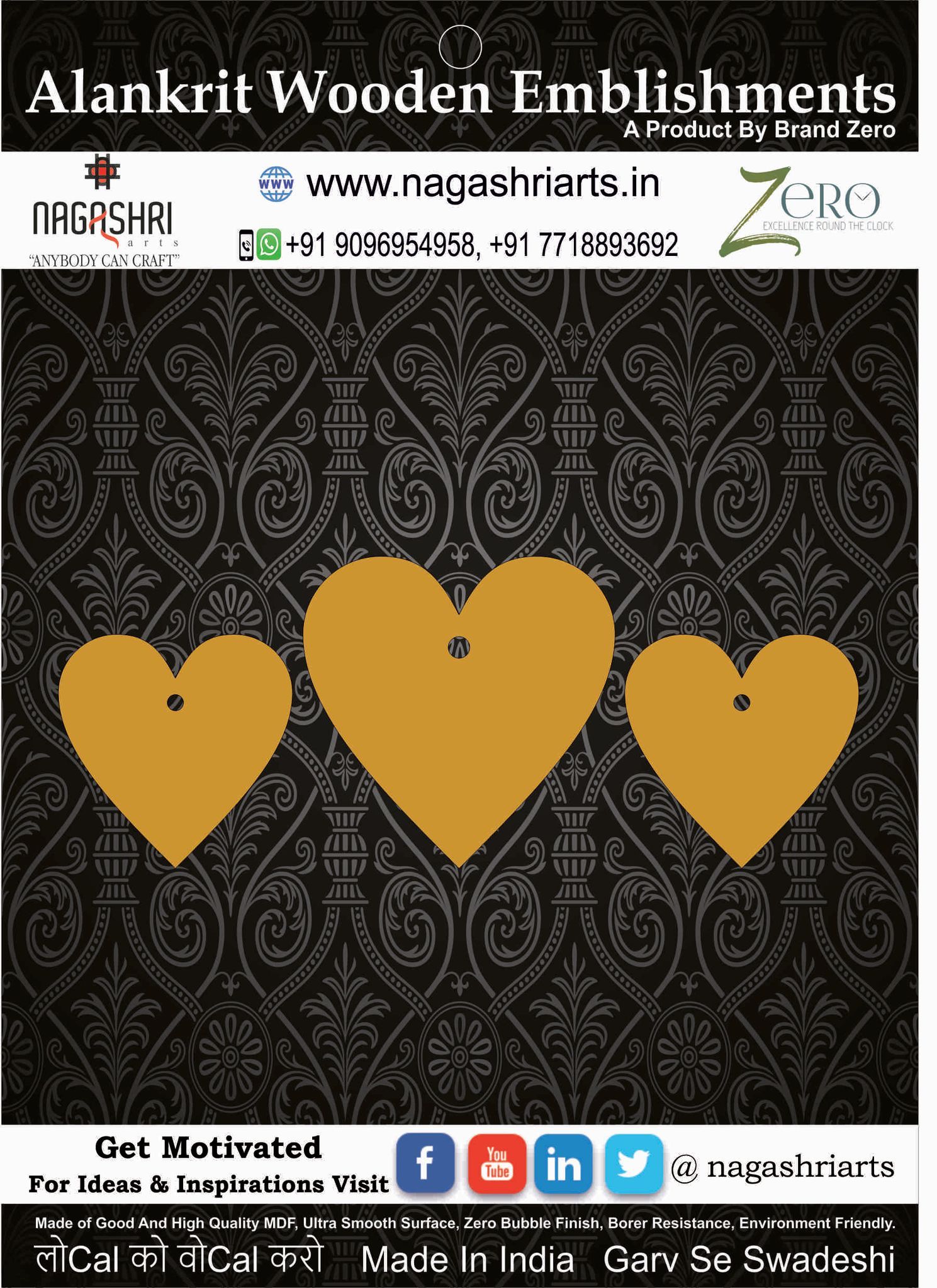 Brand Zero MDF Heart Shape Pendant And Earrings Jewelry Base - Pack of 3 Pcs