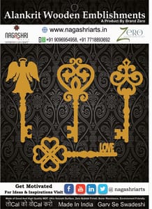 Brand Zero MDF Embellishment Vintage Keys Combo of 4 Pcs - 2 Inches Height & 2.5mm Thickness