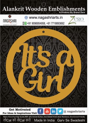 Brand Zero MDF Embellishment Its A Girl In Circle Design 1 - Size: 2.0 Inches by 2.0 Inches And 2.5 mm Thick