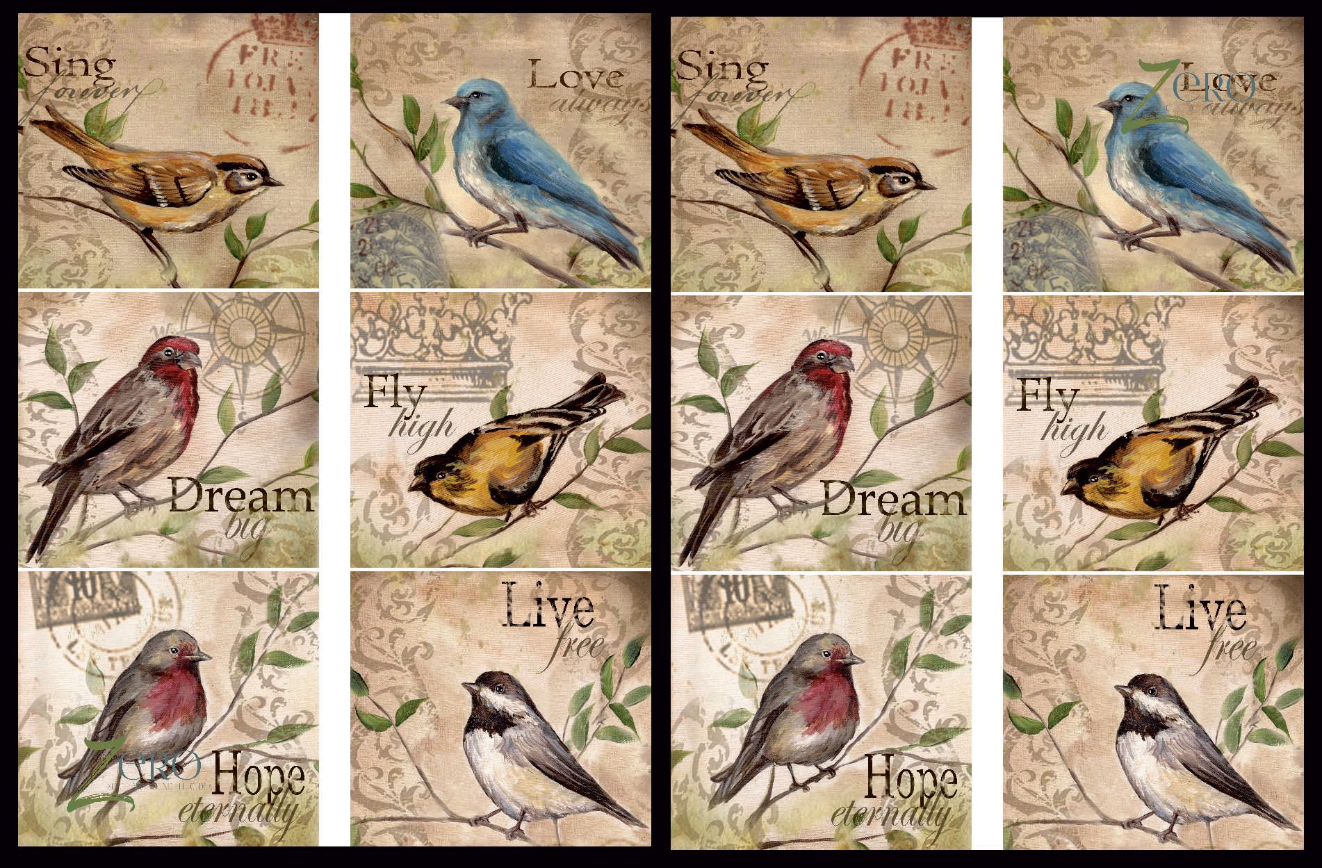 Brand Zero Luxury Speciality Decoupage Paper- Birds Quotes Tiles