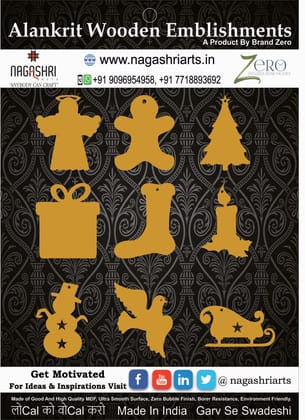 Brand Zero MDF Christmas Ornament Design 2 - Combo of 9 Pcs - 2 Inches Height & 2.5mm Thickness