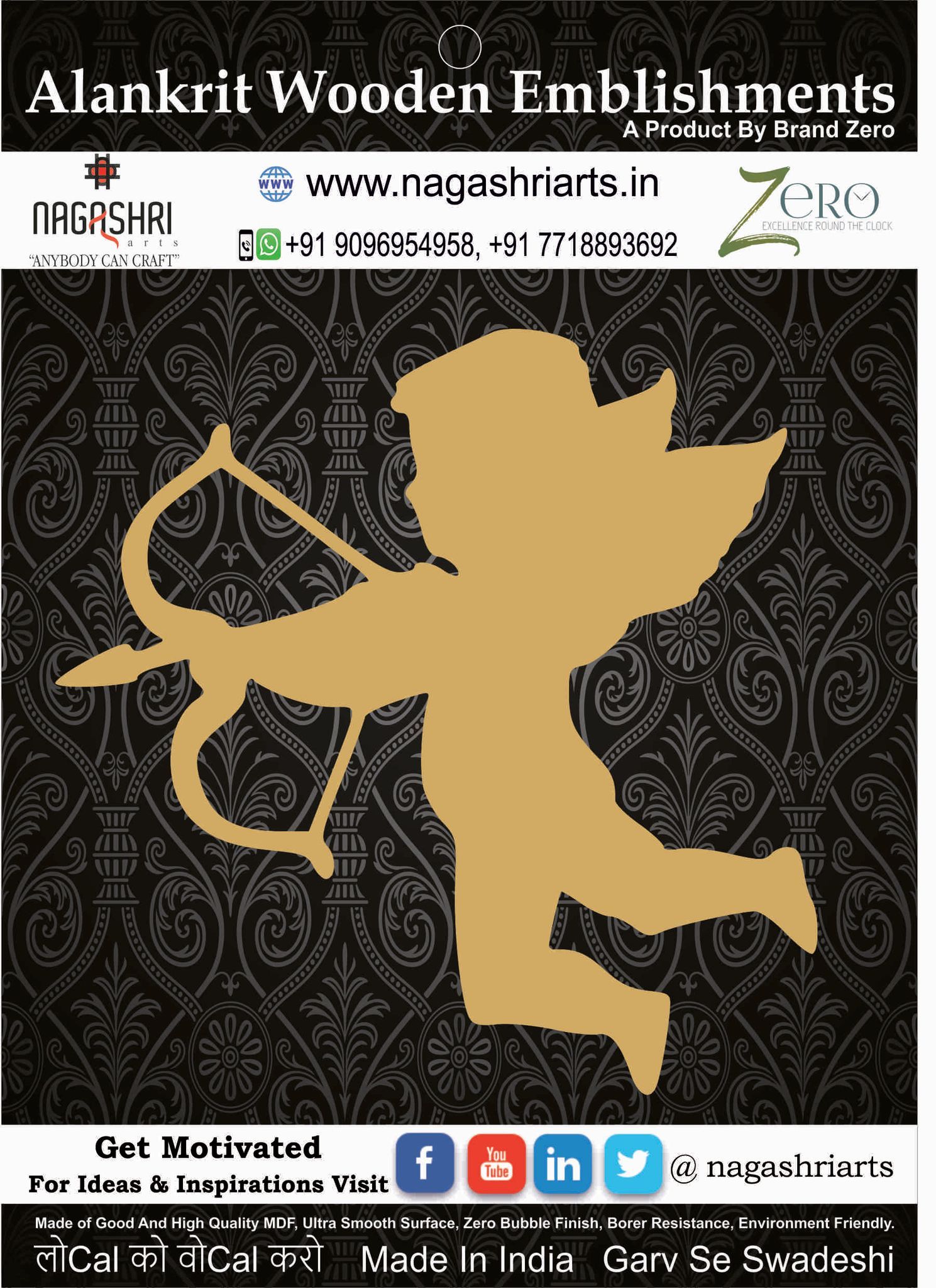 Brand Zero MDF Emblishment Angel Design 3 - Size: 2.0 Inches by 2.0 Inches And 2.5 mm Thick