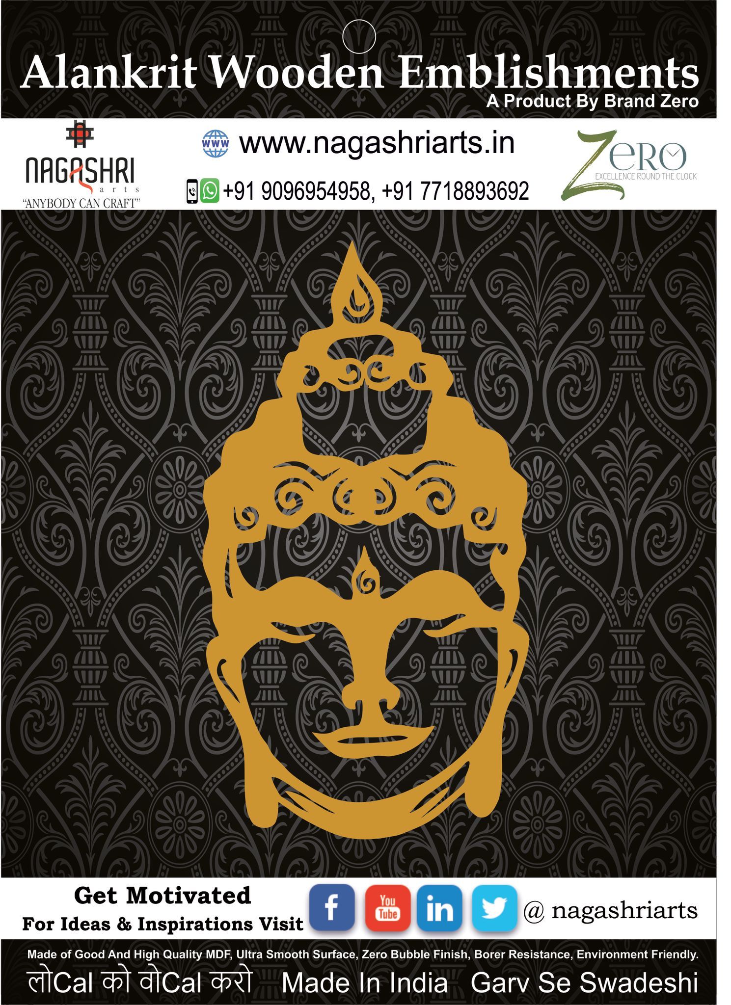 Brand Zero MDF Emblishment Buddha Face Design 1 - 5.0 By 2.7 Inches in 2.5mm Thickness